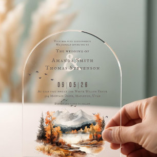 Invitaciones Acrílicas Elegante paisaje montañoso de otoño para boda