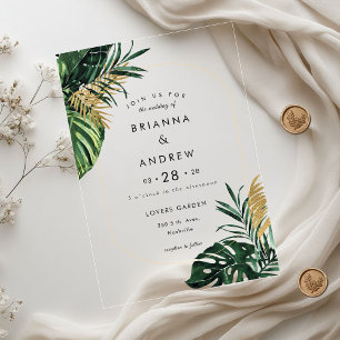 Invitaciones Acrílicas Elegante, Palm Verde, Borde Oro (Imitación)