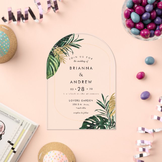 Invitaciones Acrílicas Elegante, Palm Verde, Borde Oro (Imitación) (Insitu (Celebración))