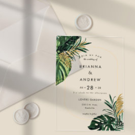 Invitaciones Acrílicas Elegante, Palma Verde, Borde Dorado (Imitación)