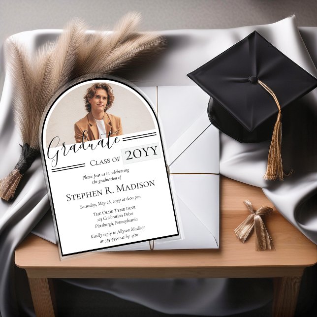 Invitaciones Acrílicas Elegante Partido de Graduación de Fotografías con  (Elegant Arched Photo Graduation Party Acrylic Invitations)