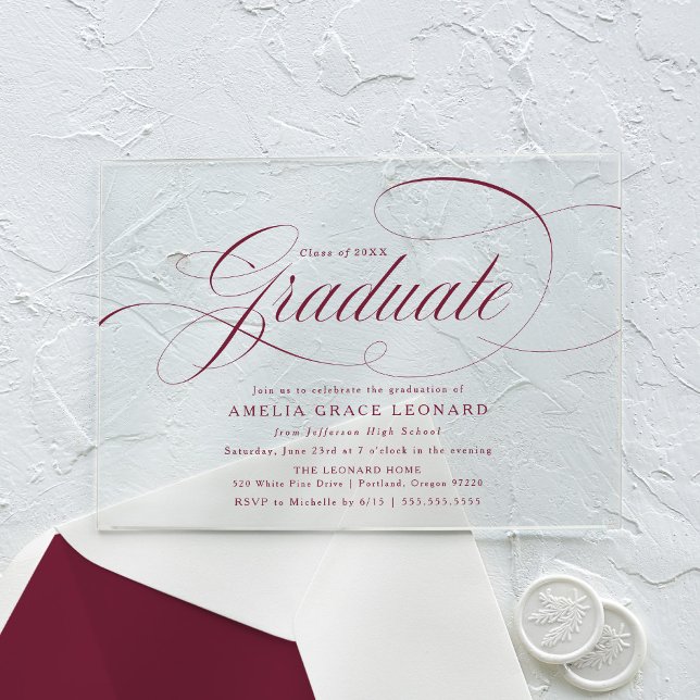 Invitaciones Acrílicas Elegante Partido de Graduación de Guión Borgoña (Subido por el creador)