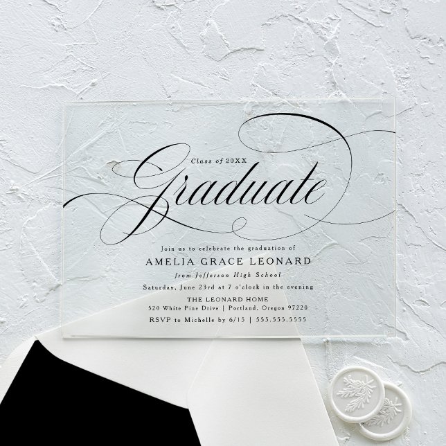 Invitaciones Acrílicas Elegante Partido de Graduación de Guión Negro (Subido por el creador)