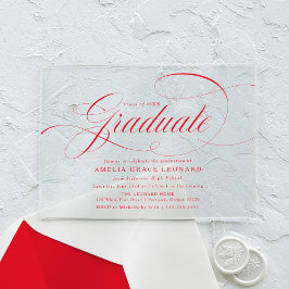 Invitaciones Acrílicas Elegante Partido de Graduación de Guión Rojo