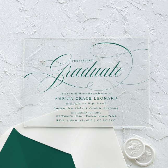 Invitaciones Acrílicas Elegante Partido de Graduación de Guión Verde (Subido por el creador)