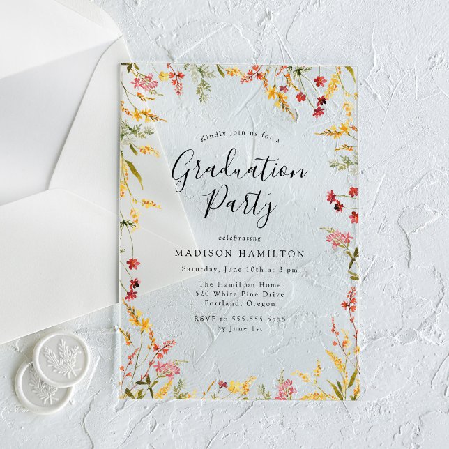 Invitaciones Acrílicas Elegante Partido de Graduación Floral Rojo y Amari (Subido por el creador)