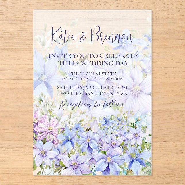 Invitaciones Acrílicas Elegante Periwinkle Clematis Boda (Anverso)
