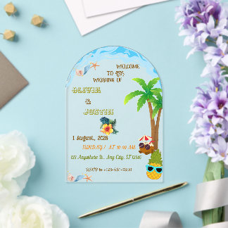 Invitaciones Acrílicas Elegante Playa Tropical Hawái Acrílico Boda