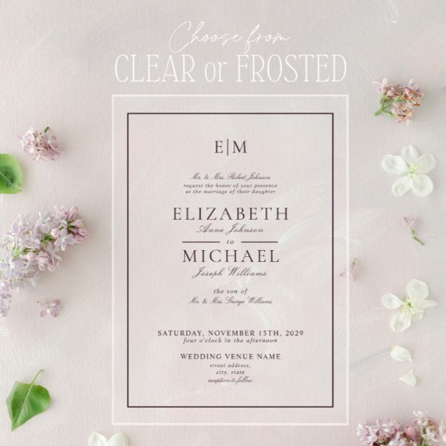 Invitaciones Acrílicas Elegante Plum Purple Classic Monograma Boda (Subido por el creador)
