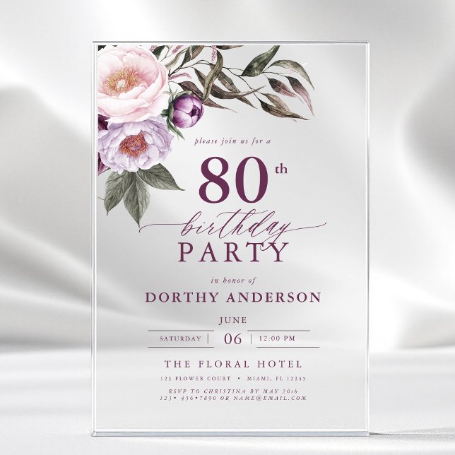Invitaciones Acrílicas Elegante Plum Purple Floral Script 80 cumpleaños (Subido por el creador)