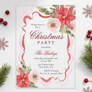 Invitaciones Acrílicas Elegante Poinsettia de Fiesta de Navidad con Cinta