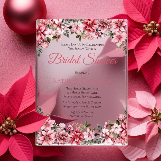 Invitaciones Acrílicas Elegante Poinsettias Rosa Floral Bridal Ducha (Elegant Pink Poinsettias Floral Winter Bridal Shower Acrylic Invitations)