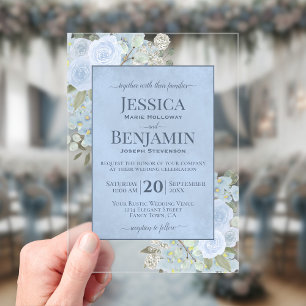 Invitaciones Acrílicas Elegante Polvo Azul Floral Estiloso Texto Boda