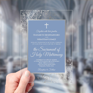 Invitaciones Acrílicas Elegante Polvo Azul Ornamental Boda Católica de Pl
