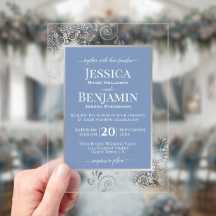 Invitaciones Acrílicas Elegante Polvoriento Azul y Plateado Estiloso Text