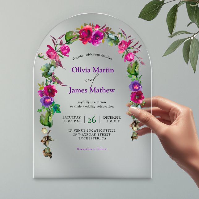 Invitaciones Acrílicas Elegante primavera flores púrpura rosa arco boda (Subido por el creador)