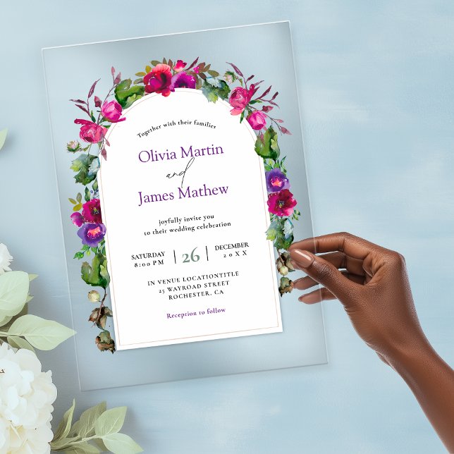 Invitaciones Acrílicas Elegante primavera verano boda de flores púrpura r (Subido por el creador)