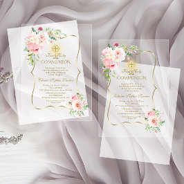 Invitaciones Acrílicas Elegante Primera Comunión Floral Beige Dorado de P