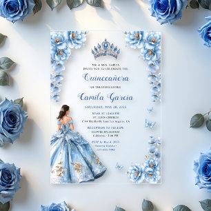 Invitaciones Acrílicas Elegante Princesa Azul Dusty Floral Quinceañera