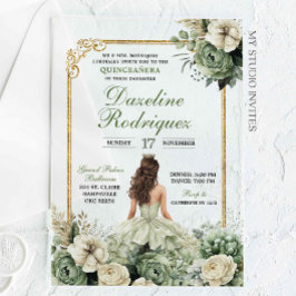 Invitaciones Acrílicas Elegante Princesa Sage Green Floral Quinceañera
