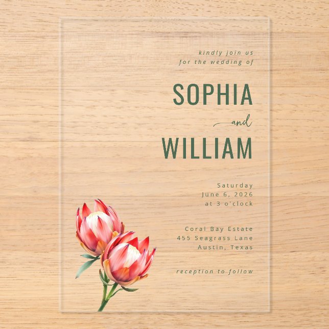 Invitaciones Acrílicas Elegante Protea Floral Verde (Anverso)