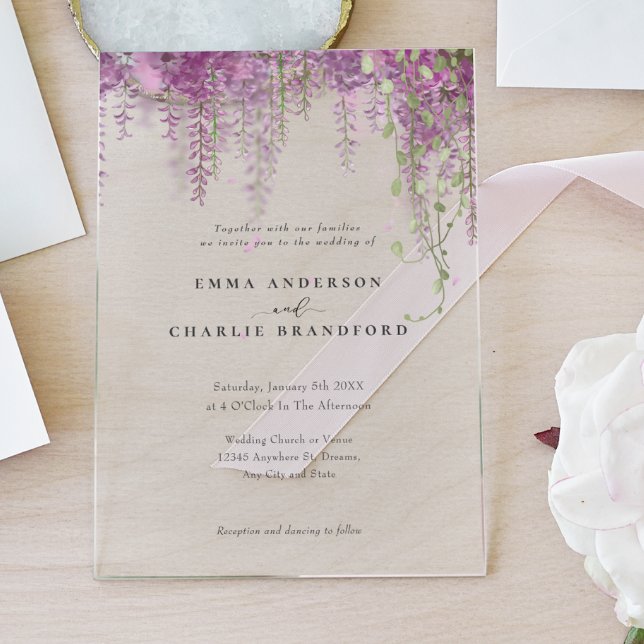 Invitaciones Acrílicas Elegante Purple Botánico Boda de guiones (Subido por el creador)