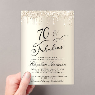 Invitaciones Acrílicas Elegante Purpurina de Oro 70º Partido de Cumpleaño