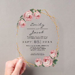 Invitaciones Acrílicas Elegante Purpurina de oro Boda floral geométrico r