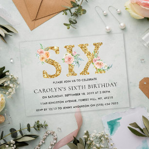 Invitaciones Acrílicas Elegante Purpurina de oro floral 66 cumpleaños