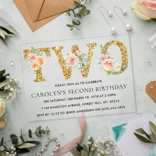 Invitaciones Acrílicas Elegante Purpurina de oro floral dos cumpleaños