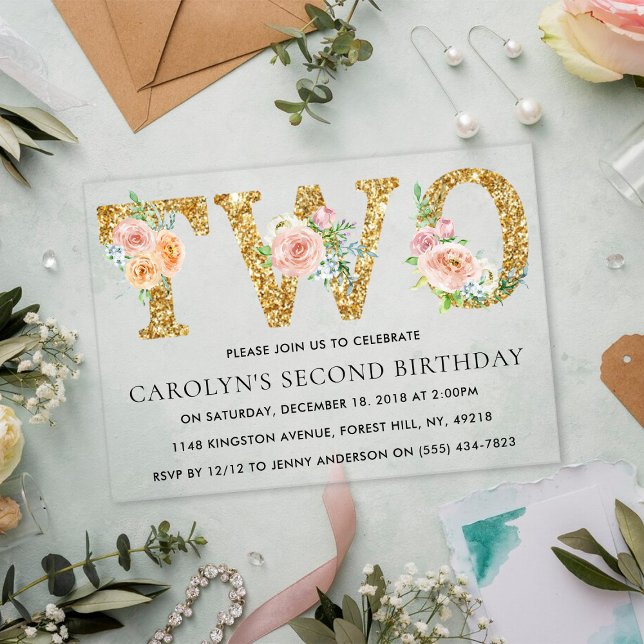 Invitaciones Acrílicas Elegante Purpurina de oro floral dos cumpleaños (Subido por el creador)