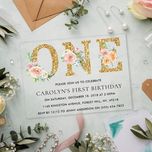 Invitaciones Acrílicas Elegante Purpurina de oro floral ONE Primer cumple (Subido por el creador)