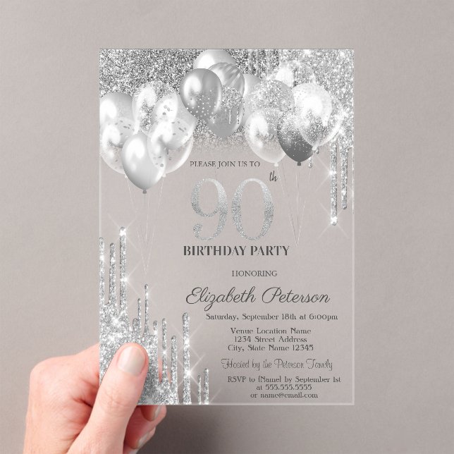 Invitaciones Acrílicas Elegante Purpurina de plata gotea globos 90 cumple (Insitu (portátil))