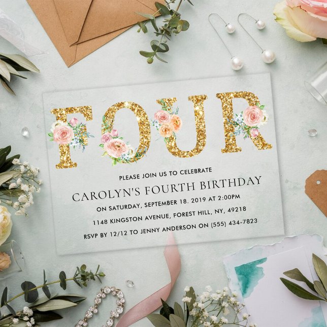 Invitaciones Acrílicas Elegante Purpurina Floral Gold CUATRO CUARENTA (Subido por el creador)