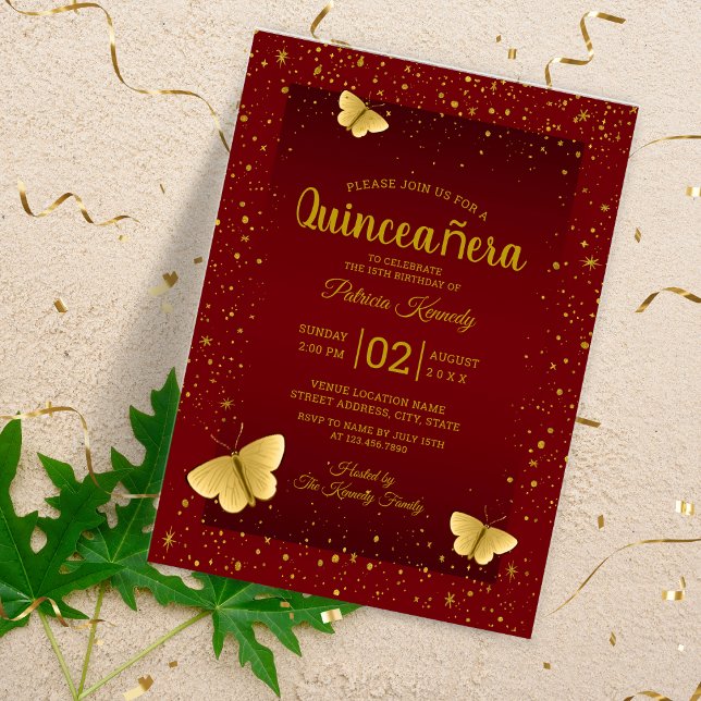 Invitaciones Acrílicas Elegante Quinceanera Borgoña Y Mariposas De Oro (Elegant Quinceanera Burgundy And Gold Butterflies Acrylic Invitations
)