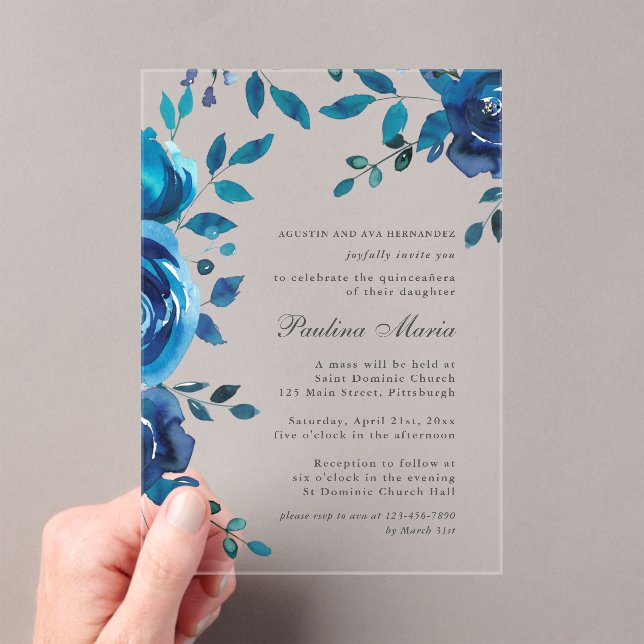 Invitaciones Acrílicas Elegante Quinceañera floral azul (Insitu (portátil))