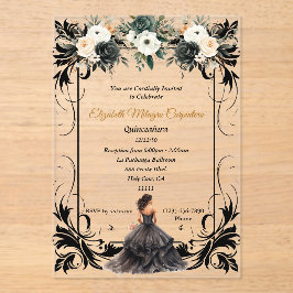 Invitaciones Acrílicas Elegante Quinceañera Floral Negro