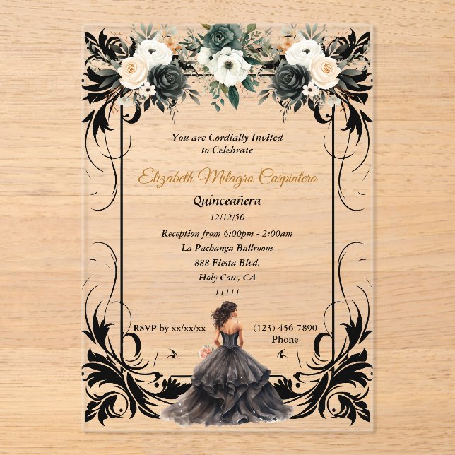 Invitaciones Acrílicas Elegante Quinceañera Floral Negro (Anverso)