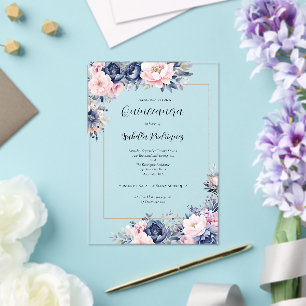 Invitaciones Acrílicas Elegante Quinceañera Formal Naval Rosa Floral