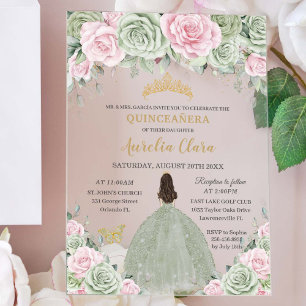 Invitaciones Acrílicas Elegante Quinceañera Verde Menta Rosa Bebé Floral 