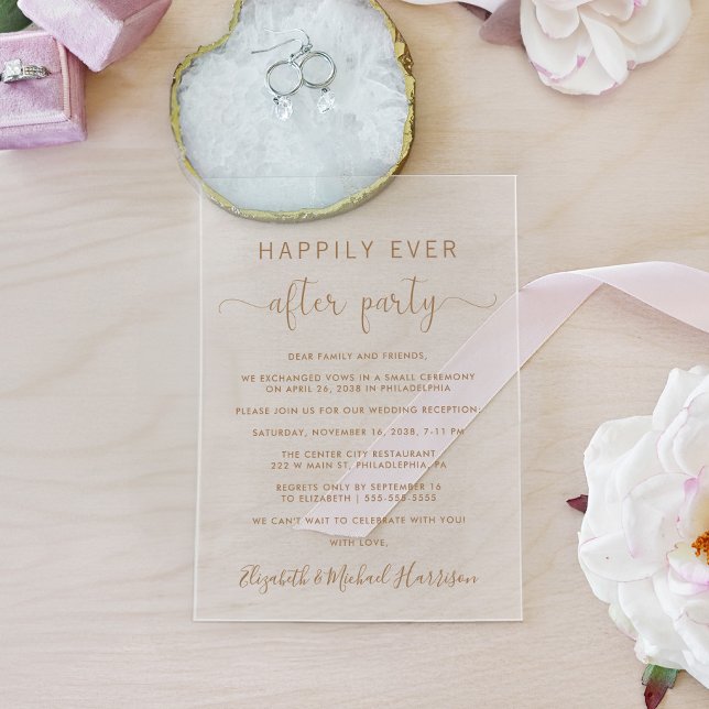 Invitaciones Acrílicas Elegante recepción de Boda con Guión Dorado (Celebrate your Happily Ever After in style with our elegant acrylic wedding reception invitations)