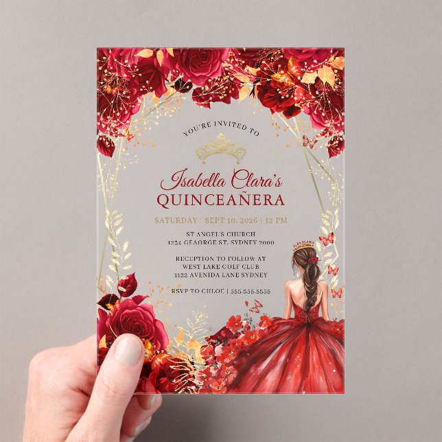 Invitaciones Acrílicas Elegante Red Gold Encantado Floral Quinceanera (Insitu (portátil))