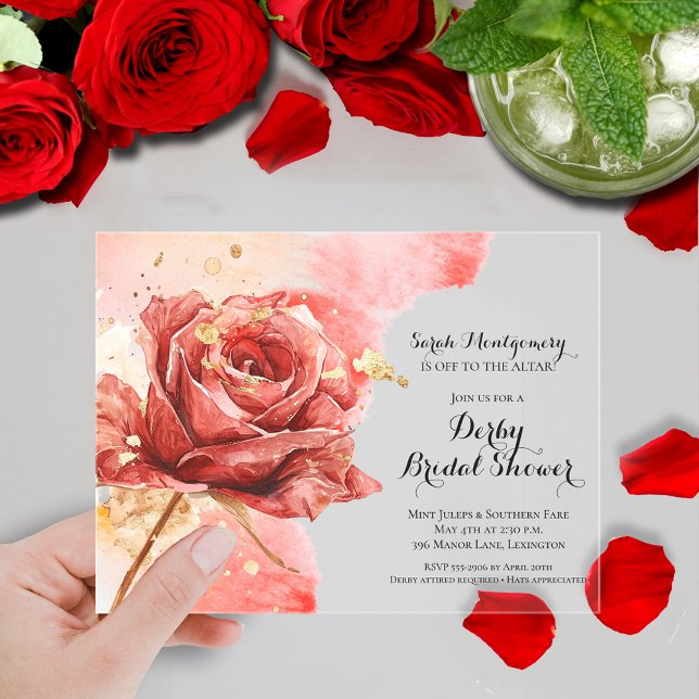 Invitaciones Acrílicas Elegante Red Rose Derby Bridal Shower (Elegant watercolor red rose Derby-themed bridal shower clear acrylic invitations)