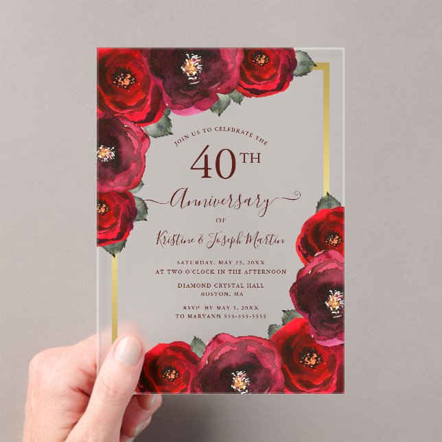 Invitaciones Acrílicas Elegante Red Rose Floral Gold 40 Aniversario (Insitu (portátil))