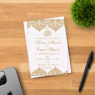 Invitaciones Acrílicas Elegante Relieve metalizado dorado Lace Ornate Cre
