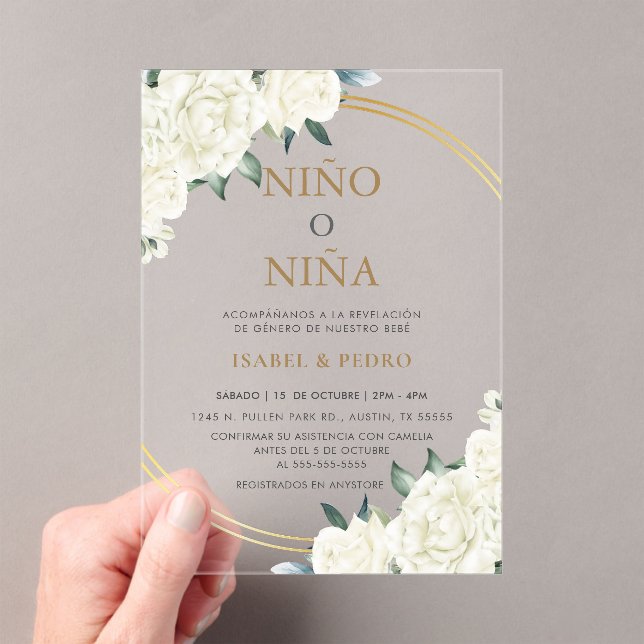 Invitaciones Acrílicas Elegante Revelación de Género Español con Flores d (Insitu (portátil))
