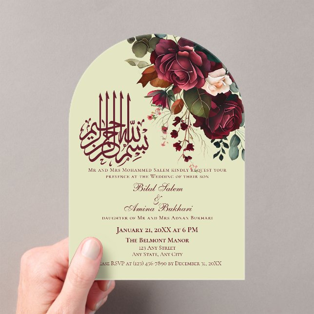 Invitaciones Acrílicas Elegante rojo borgoña Roses floral islámico (Insitu (portátil))