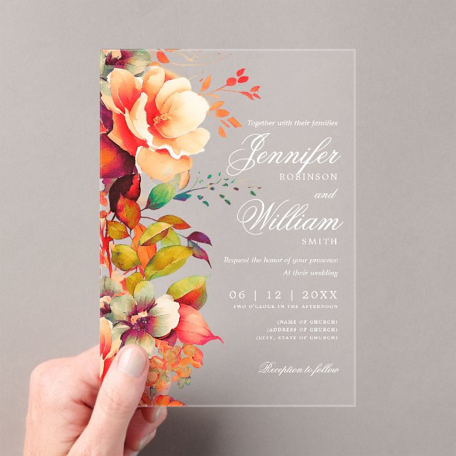 Invitaciones Acrílicas Elegante Romántico Floral Otoño Boda de otoño (Insitu (portátil))