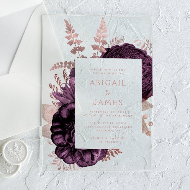 Invitaciones Acrílicas Elegante Romántico Morado Rosa Dorado Floral (Subido por el creador)