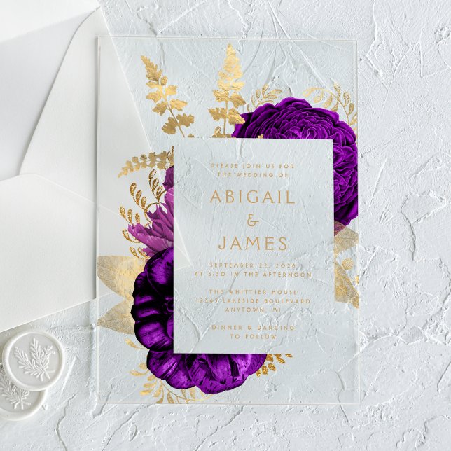 Invitaciones Acrílicas Elegante Romántico Purple Gold Floral (Subido por el creador)